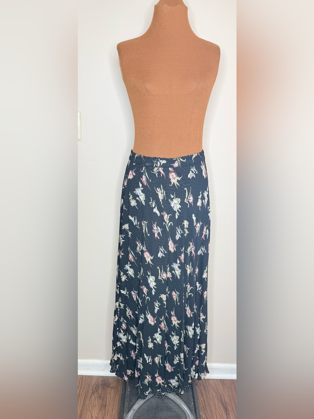 Sarah Arizona Reversible Maxi Skirt Floral and Polka Dot Elastic Waist Size Med